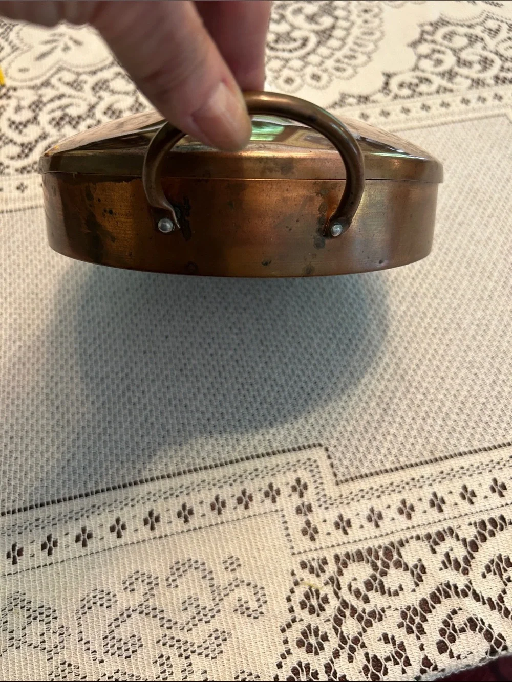 Vintage Antique Copper Two-Handled Covered Dish with White Knob 8” by 10”